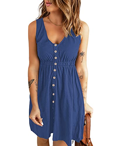 AUSELILY Sommerkleid Damen Casual Button Down Mini Kleid Cute V Neck Strandkleid mit Taschen Ozean M von AUSELILY