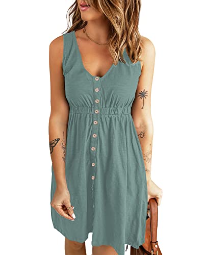 AUSELILY Sommerkleid Damen Casual Button Down Mini Kleid Cute V Neck Strandkleid mit Taschen Mintgrün 2XL von AUSELILY