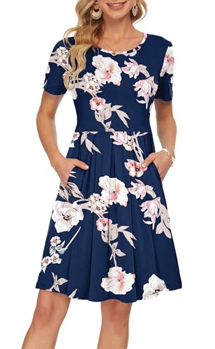 AUSELILY Sommerkleider Damen Kurz A Linie Leicht Und Luftig Elegant Plissee Loose Swing mit Knielangen Taschen Saphirblume 2XL von AUSELILY