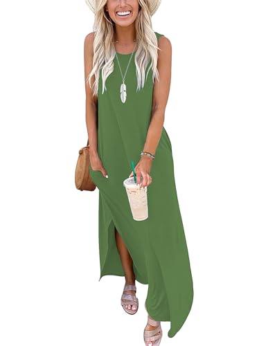 AUSELILY Sommerkleider Damen Lang Maxikleider Ärmellos Boho Strandkleider Lange Sommer Leicht mit Taschen Armeegrün M von AUSELILY