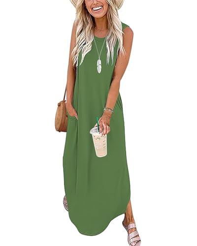 AUSELILY Sommerkleider Damen Lang Maxikleider Ärmellos Boho Strandkleider Lange Sommer Leicht mit Taschen Armeegrün M von AUSELILY