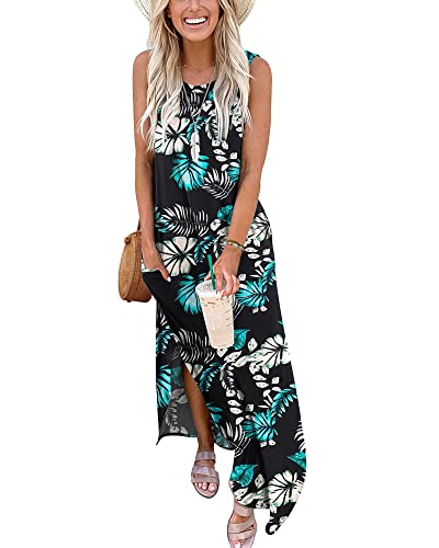 AUSELILY Sommerkleider Damen Lang Maxikleider Ärmellos Boho Strandkleider Lange Sommer Leicht mit Taschen Blauer Blattdruck L von AUSELILY