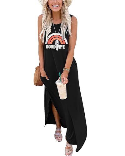 AUSELILY Sommerkleider Damen Lang Maxikleider Ärmellos Boho Strandkleider Lange Sommer Leicht mit Taschen Regenbogen 2XL von AUSELILY