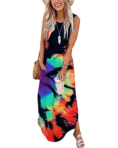 AUSELILY Sommerkleider Damen Lang Maxikleider Ärmellos Boho Strandkleider Lange Sommer Leicht mit Taschen Stufenweise Blüte 2XL von AUSELILY