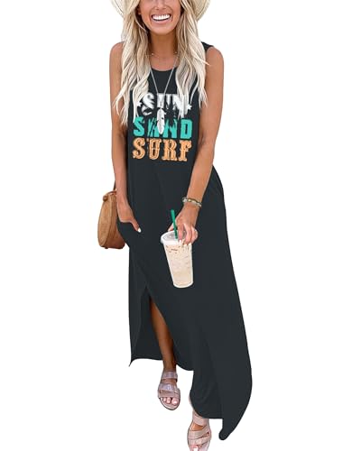 AUSELILY Sommerkleider Damen Lang Maxikleider Ärmellos Boho Strandkleider Lange Sommer Leicht mit Taschen Sun Beach Surfing L von AUSELILY