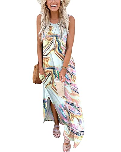 AUSELILY Sommerkleider Damen Lang Maxikleider Boho Strandkleider Lange Sommer Leicht mit Taschen Bunte Linien 2XL von AUSELILY