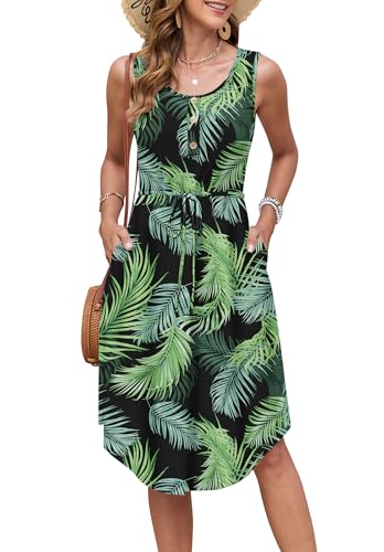 AUSELILY Sommerkleider Damen Leicht Ärmellos Kordelzug Hohe Taille Strandkleider Knielang Button-Down Midikleid Tunika Kleid Elegant Freizeitkleid Mit Taschen Blätter Schwarz Grün S von AUSELILY