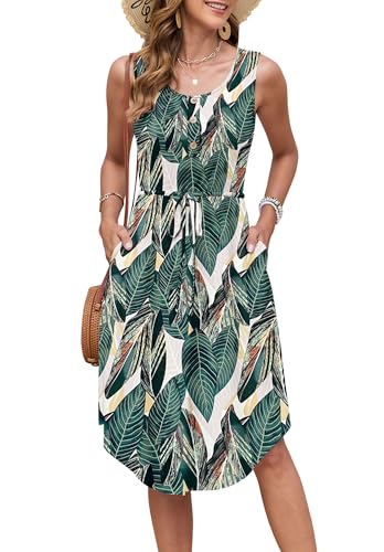 AUSELILY Sommerkleider Damen Leicht Ärmellos Kordelzug Hohe Taille Strandkleider Knielang Button-Down Midikleid Tunika Kleid Elegant Freizeitkleid Mit Taschen Blattdruck M von AUSELILY