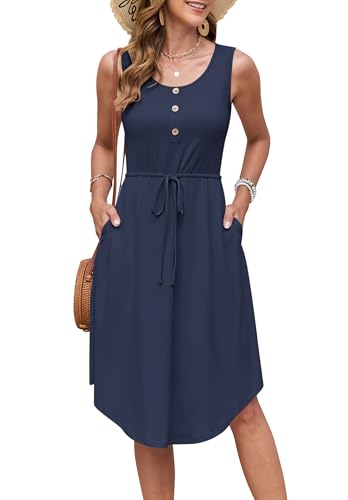 AUSELILY Sommerkleider Damen Leicht Ärmellos Kordelzug Hohe Taille Strandkleider Knielang Button-Down Midikleid Tunika Kleid Elegant Freizeitkleid Mit Taschen Marineblau L von AUSELILY