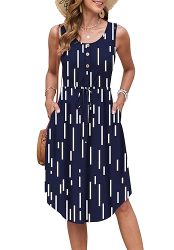 AUSELILY Sommerkleider Damen Leicht Ärmellos Kordelzug Hohe Taille Strandkleider Knielang Button-Down Midikleid Tunika Kleid Elegant Freizeitkleid Mit Taschen Marineblaue Meteorstreifen 2XL von AUSELILY