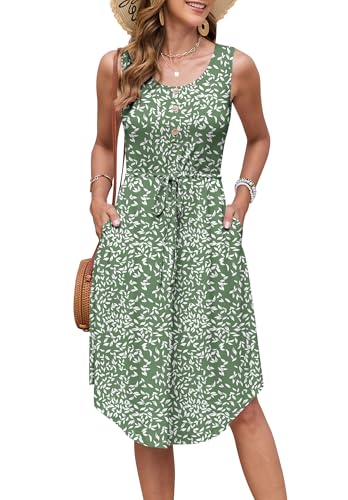 AUSELILY Sommerkleider Damen Leicht Ärmellos Kordelzug Hohe Taille Strandkleider Knielang Button-Down Midikleid Tunika Kleid Elegant Freizeitkleid Mit Taschen Olivgrünes Blatt XL von AUSELILY