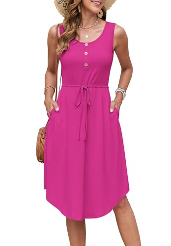 AUSELILY Sommerkleider Damen Leicht Ärmellos Kordelzug Hohe Taille Strandkleider Knielang Button-Down Midikleid Tunika Kleid Elegant Freizeitkleid Mit Taschen Rosarot M von AUSELILY
