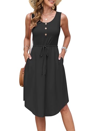 AUSELILY Sommerkleider Damen Leicht Ärmellos Kordelzug Hohe Taille Strandkleider Knielang Button-Down Midikleid Tunika Kleid Elegant Freizeitkleid Mit Taschen Schwarz XL von AUSELILY