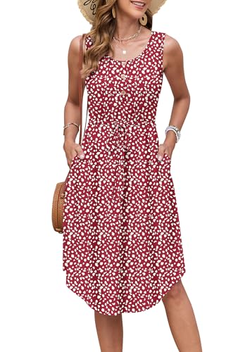 AUSELILY Sommerkleider Damen Leicht Ärmellos Kordelzug Hohe Taille Strandkleider Knielang Button-Down Midikleid Tunika Kleid Elegant Freizeitkleid Mit Taschen rotes kleines Hufeisen XL von AUSELILY