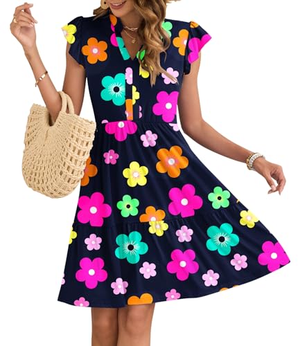 AUSELILY Damen Sommerkleid V-Ausschnitt Kleider Rüschen Ärmel Minikleid Elastische Taille Freizeitkleid mit Taschen Cartoon-Blume M von AUSELILY