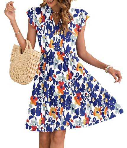 AUSELILY Damen Sommerkleid V-Ausschnitt Kleider Rüschen Ärmel Minikleid Elastische Taille Freizeitkleid mit Taschen Große blau orange Blüten L von AUSELILY