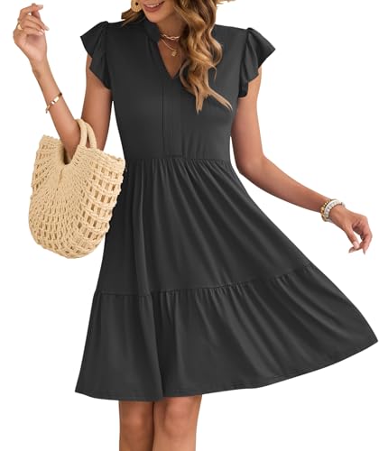 AUSELILY Damen Sommerkleid V-Ausschnitt Kleider Rüschen Ärmel Minikleid Elastische Taille Freizeitkleid mit Taschen Schwarz L von AUSELILY