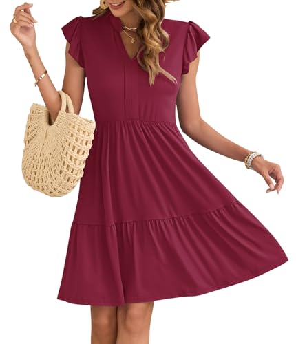 AUSELILY Damen Sommerkleid V-Ausschnitt Kleider Rüschen Ärmel Minikleid Elastische Taille Freizeitkleid mit Taschen Weinrot L von AUSELILY