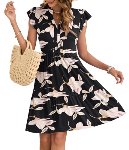 AUSELILY Damen Sommerkleid V-Ausschnitt Kleider Rüschen Ärmel Minikleid Elastische Taille Freizeitkleid mit Taschen Winde XL von AUSELILY