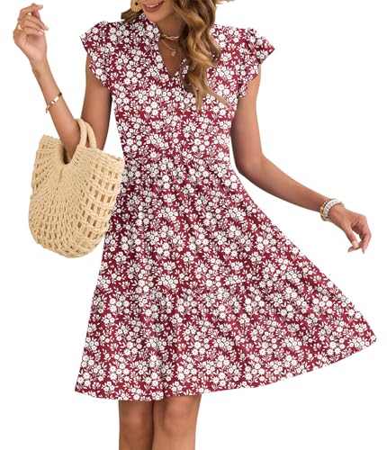 AUSELILY Damen Sommerkleid V-Ausschnitt Kleider Rüschen Ärmel Minikleid Elastische Taille Freizeitkleid mit Taschen Kleine Rote Blumen L von AUSELILY