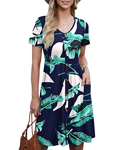 AUSELILY Sommerkleider für Damen Lässiges Kurzarm-Sommerkleid Rundhalsausschnitt A Line Swing Kleid mit Taschen Print Blau 2XL von AUSELILY
