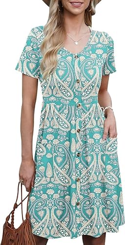 AUSELILY Sommerkleider für Frauen Lässiges Kurzarm-Sommerkleid Rundhalsausschnitt A Line Swing Kleid mit Taschen Boho Floral Grün 2XL von AUSELILY