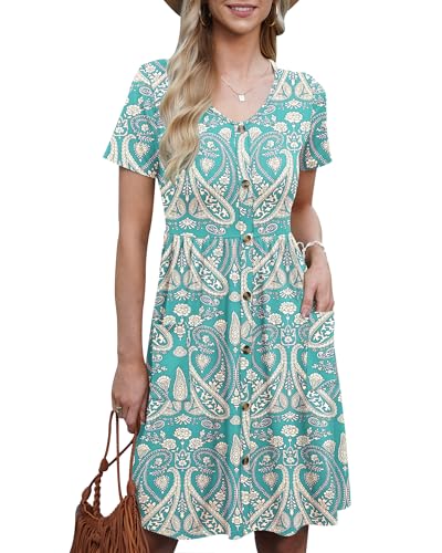 AUSELILY Sommerkleider für Frauen Lässiges Kurzarm-Sommerkleid Rundhalsausschnitt A Line Swing Kleid mit Taschen Boho Floral Grün XL von AUSELILY