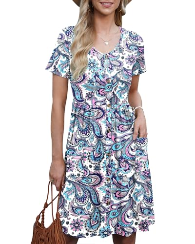 AUSELILY Sommerkleider für Frauen Lässiges Kurzarm-Sommerkleid Rundhalsausschnitt A Line Swing Kleid mit Taschen Boho Rosa Blau L von AUSELILY