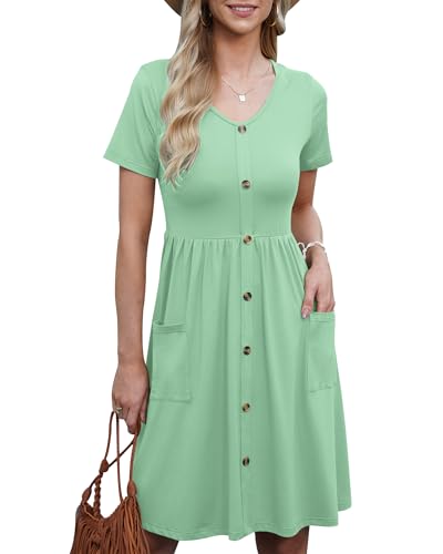 AUSELILY Sommerkleider für Frauen Lässiges Kurzarm-Sommerkleid Rundhalsausschnitt A Line Swing Kleid mit Taschen Erbsen Grün 2XL von AUSELILY