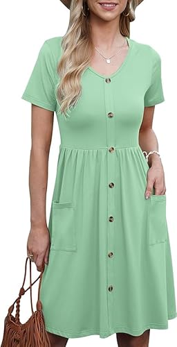 AUSELILY Damen Sommerkleider Lässiges Kurzarm A Line Swing Kleid mit Taschen von AUSELILY