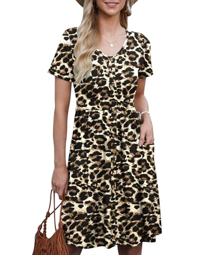 AUSELILY Sommerkleider für Frauen Lässiges Kurzarm-Sommerkleid Rundhalsausschnitt A Line Swing Kleid mit Taschen Leopard M von AUSELILY