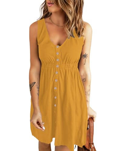 AUSELILY Sonnenkleid für Frauen Botton down Cute V Neck Strandkleid mit Taschen Gelb XL von AUSELILY