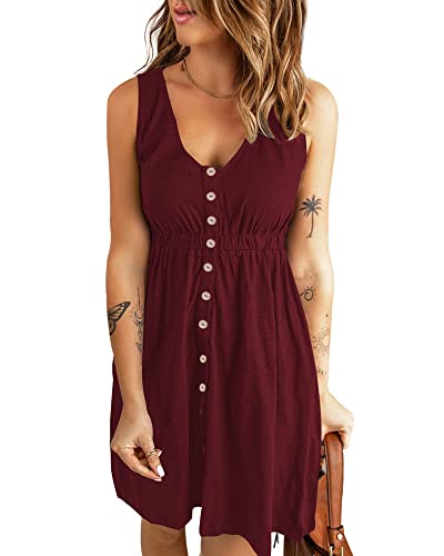 AUSELILY Sonnenkleid für Frauen Botton down Cute V Neck Strandkleid mit Taschen Weinrot XL von AUSELILY