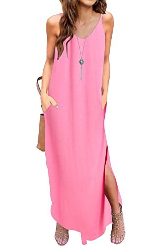 AUSELILY Spaghetti-Träger Maxikleider Damen Sommer Ärmellos V-Ausschnitt Strandkleid Lang Freizeitkleider Einstellbar Sexy Sommerkleid Maxi mit Taschen Rosa L von AUSELILY