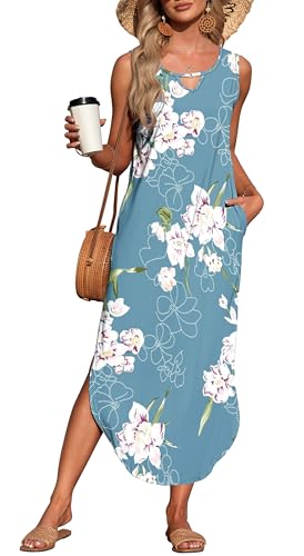 AUSELILY Strandkleid Damen Lang Maxikleid Sommer Ärmellos Schlitz Hawaii Casual Blumenkleid Mit Taschen Floral Hellblau L von AUSELILY