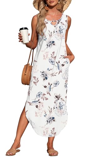AUSELILY Strandkleid Damen Lang Maxikleid Sommer Blumenkleid Ärmellos Schlitz Hawaii Casual Leicht Mit Taschen Weiße Blumen L von AUSELILY