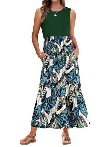 AUSELILY Strandkleid Damen Lang Sommerkleid Ärmelloses Maxi Kleid Damen Sommer Lange Rundhals Tank Top Kleider Leicht und Luftig mit Taschen Blattdruck Grün M von AUSELILY