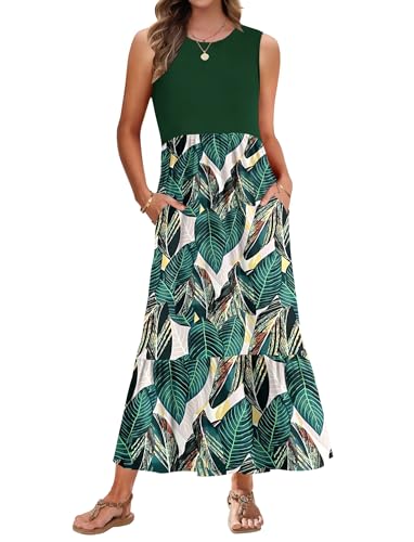 AUSELILY Sommerkleid Damen Lang Ärmelloses Maxikleid Damen Sommer Strandkleid Lange Rundhals Tank Top Kleider Leicht und Luftig mit Taschen Elastischer Taille von AUSELILY