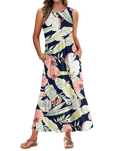 AUSELILY Strandkleid Damen Lang Sommerkleid Ärmelloses Maxi Kleid Damen Sommer Lange Rundhals Tank Top Kleider Leicht und Luftig mit Taschen Marineblaue Blume XXL von AUSELILY