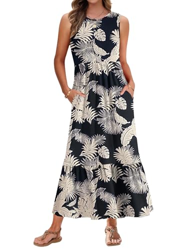 AUSELILY Sommerkleid Damen Lang Ärmelloses Maxikleid Damen Sommer Strandkleid Lange Rundhals Tank Top Kleider Leicht und Luftig mit Taschen Elastischer Taille Regenwald Blätter XL von AUSELILY