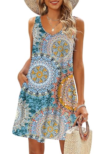 AUSELILY Strandkleid Damen Leicht Sommerkleid Knielang Elegant Festliche Kleider V Ausschnitt Ärmellose Boho Kleid mit Taschen Grün Bedrucken 3XL von AUSELILY