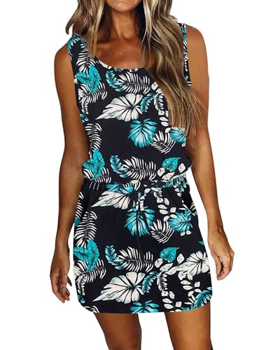 AUSELILY Strandkleid Damen Luftig Ärmellose Leichte Sommerkleider Kordelzug Hohe Taille Swing Mini Kleider mit Taschen von AUSELILY