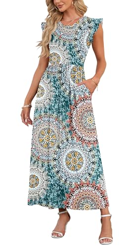 AUSELILY Strandkleid Damen mit Taschen Boho Freizeit Bodenlanger Rock Große Elastischer Locker Abendkleid Rüschen Kurzarm Grün gedruckt L von AUSELILY