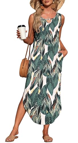 AUSELILY Strandkleid Sommer Damen Lang Maxikleid Ärmellos Schlitz Hawaii Boho Freizeitkleid Leicht Mit Taschen Blatt Druck XL von AUSELILY