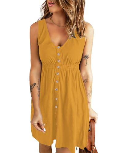 AUSELILY Sommerkleid Damen Casual Button Down Mini Kleid Cute V Neck Strandkleid mit Taschen Gelb M von AUSELILY