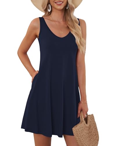 AUSELILY Sommerkleid Damen Ärmellose Strandkleid Leicht Swing Kleid V Ausschnitt Mini Kleid mit Taschen Navy Blau XXL von AUSELILY