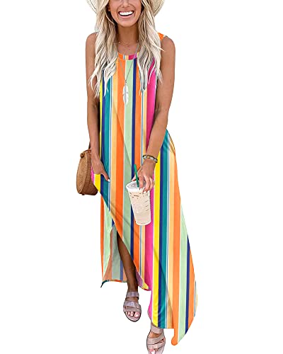 AUSELILY Strandkleider Damen Sommer Lang Maxikleid Damen Ärmelloses Sommerkleid Freizeitkleider Maxi Regenbogen Gestreift L von AUSELILY