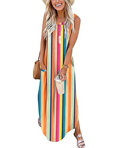 AUSELILY Strandkleider Damen Sommer Lang Maxikleid Damen Ärmelloses Sommerkleid Freizeitkleider Maxi Regenbogen Gestreift S von AUSELILY