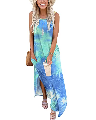 AUSELILY Strandkleider Sommerkleider Maxi Shirtkleid Damen Tank Stil Leichte Maxikleider Lange Damen Gefärbt Blau Grün Weiß 2XL von AUSELILY