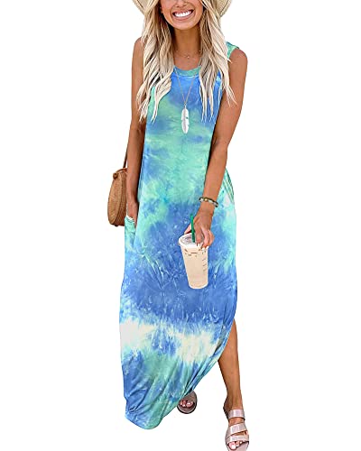 AUSELILY Strandkleider Sommerkleider Maxi Shirtkleid Damen Tank Stil Leichte Maxikleider Lange Damen Gefärbt Blau Grün Weiß M von AUSELILY